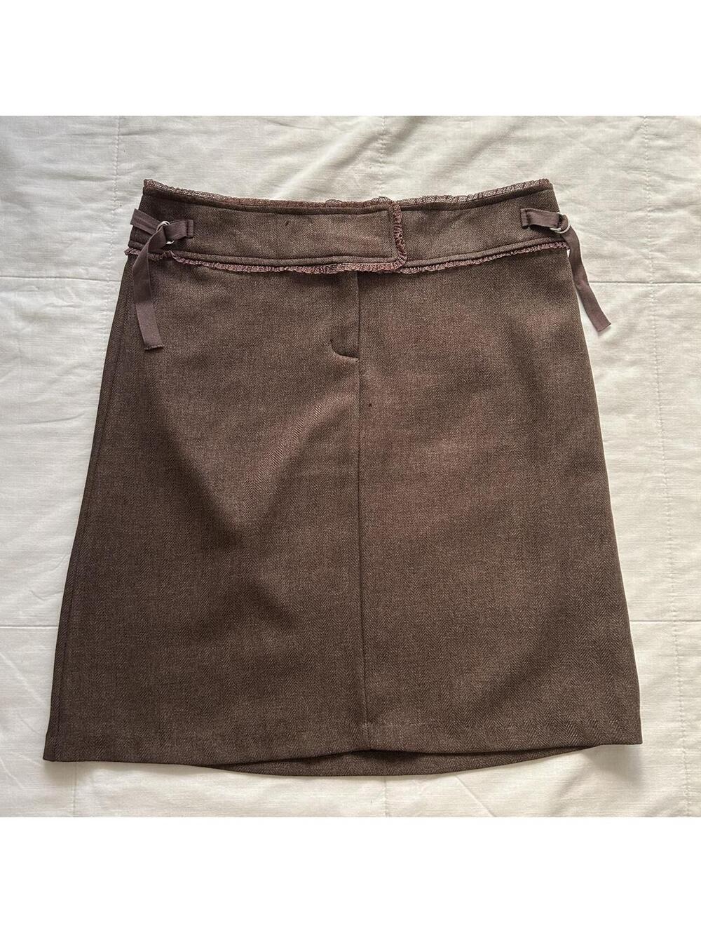 Debut Brown Herringbone Mini Skirt Lace Ribbon Tie Ring Hardware M USA